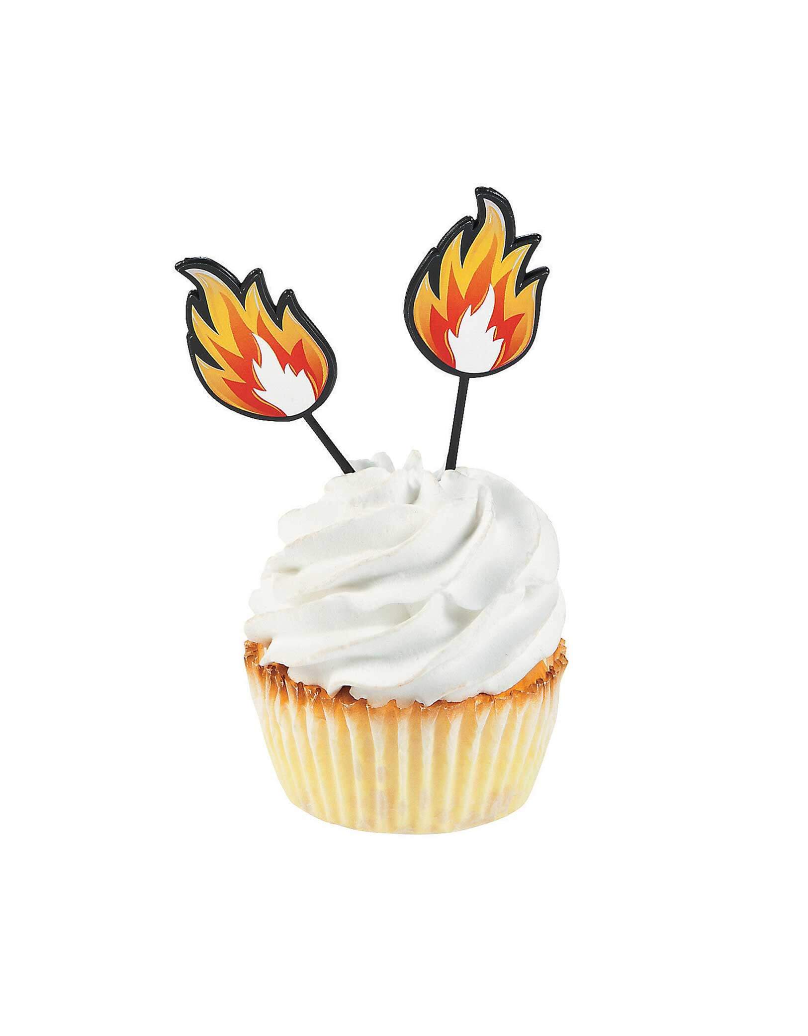 A buttercream cupcake topped with two of Momopartys's 3" Fire Shaped Cake Toppers from Fun Express. These food picks or cupcake toppers are great for a Monster Truck or firefighter birthday party!