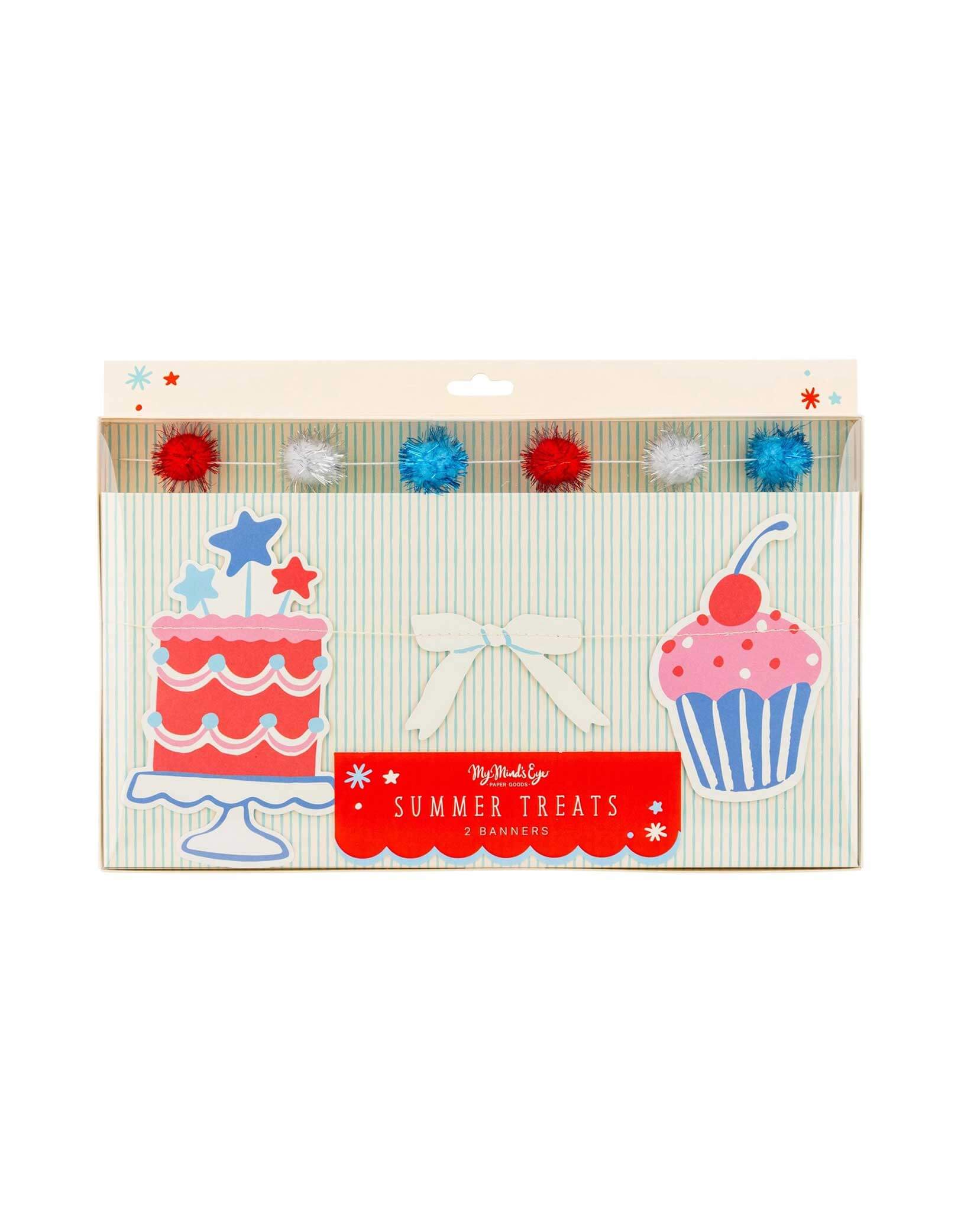 The package of Momopartys's 6' Summertime Banner Set by My Mind's Eye. Celebrate in style with this Summertime Icon Banner Set! Featuring patriotic icons, summer treats, and playful pom poms, this banner will add a festive touch to any party or gathering. Get ready to have some fun in the sun at your Fourth of July party with this must-have decoration!