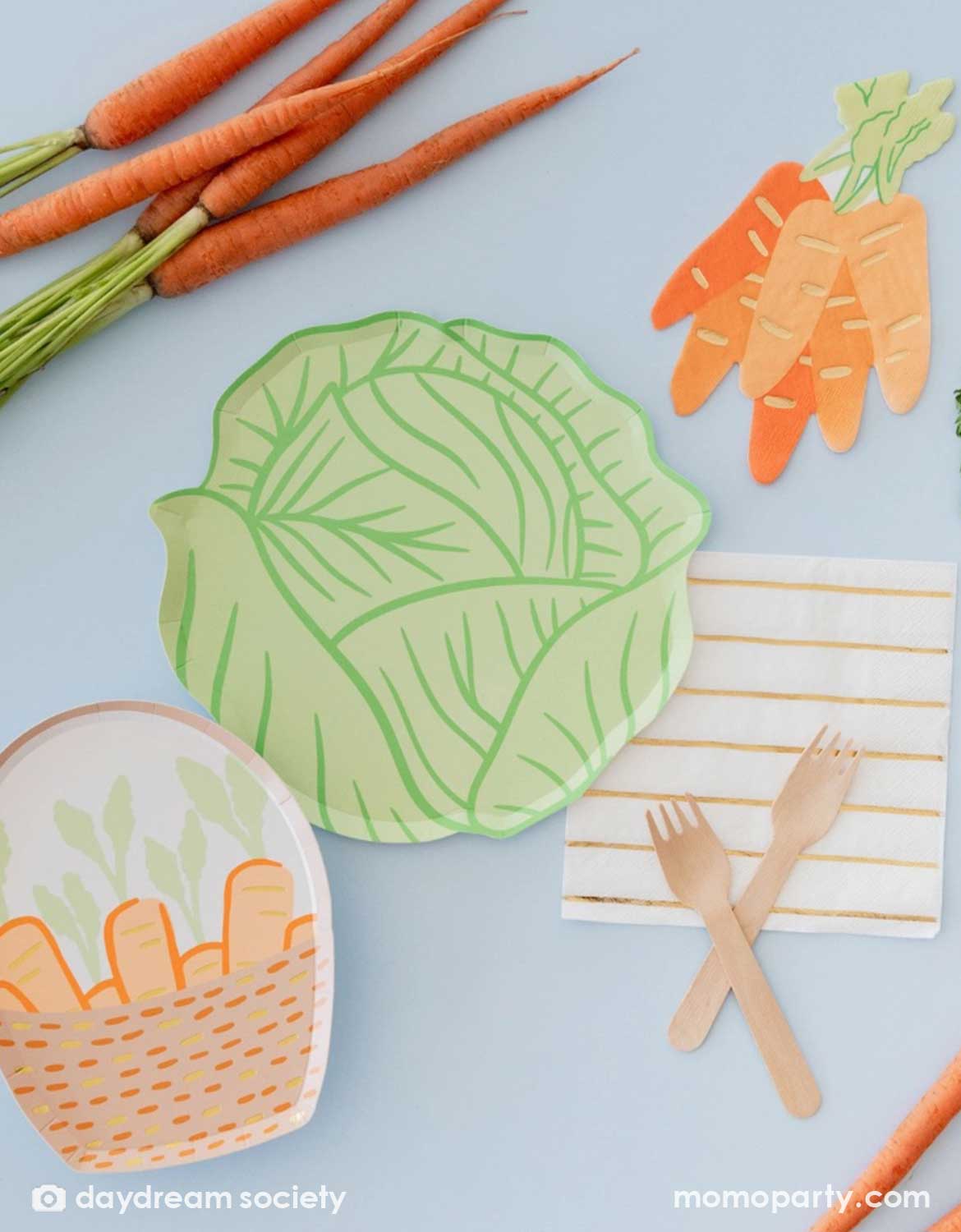 An overhead shot of Momo Part's farm themed colorful paper party tablewares of vegetables including cabbage and carrots plates and napkins on a light blue background.