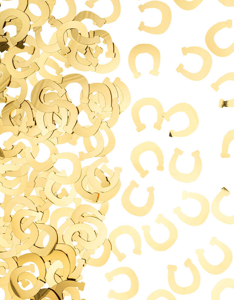 Momopartys gold Horseshoe Confetti by Party Deco. Featuring a fun horseshoe design, this western-themed confetti will add a touch of gold to your celebrations. Perfect for a rodeo, western or a cowboy/cowgirl themed party!