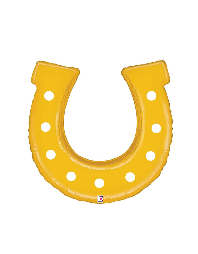 Momopartys 25" Golden Horseshoe Shaped Foil Balloon by Betalic Balloons. Add a touch of Western whimsy to your celebration with this golden horseshoe shaped foil balloon. This playful decoration will bring a golden glow to your festivities. This balloon includes a self-sealing valve, preventing the gas from escaping after it's inflated. The balloon can be inflated with helium to float or with a balloon air inflator.