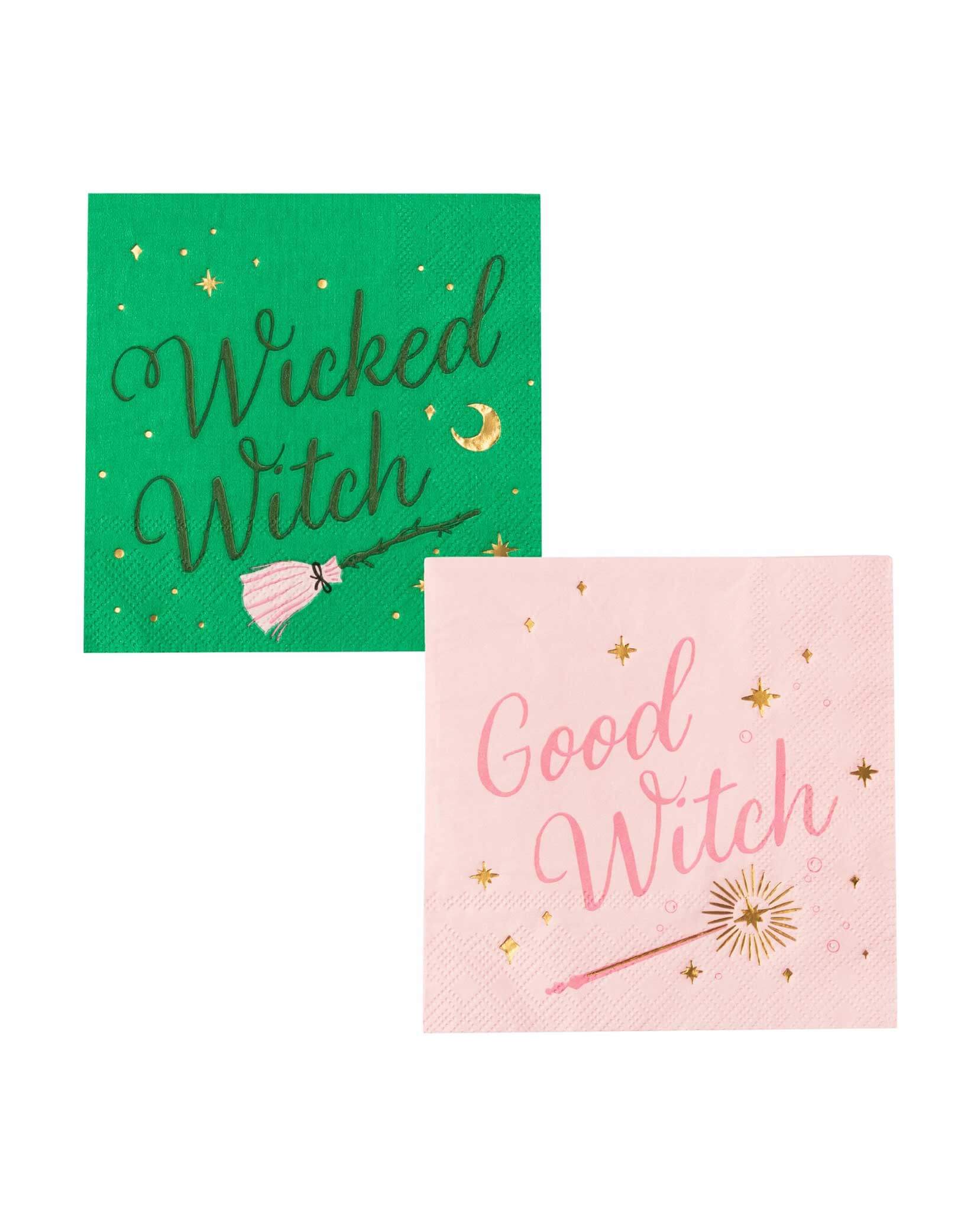 Two small 5" napkins with 'Wicked Witch' and 'Good Witch' text from Momopartys on green and pink backgrounds.