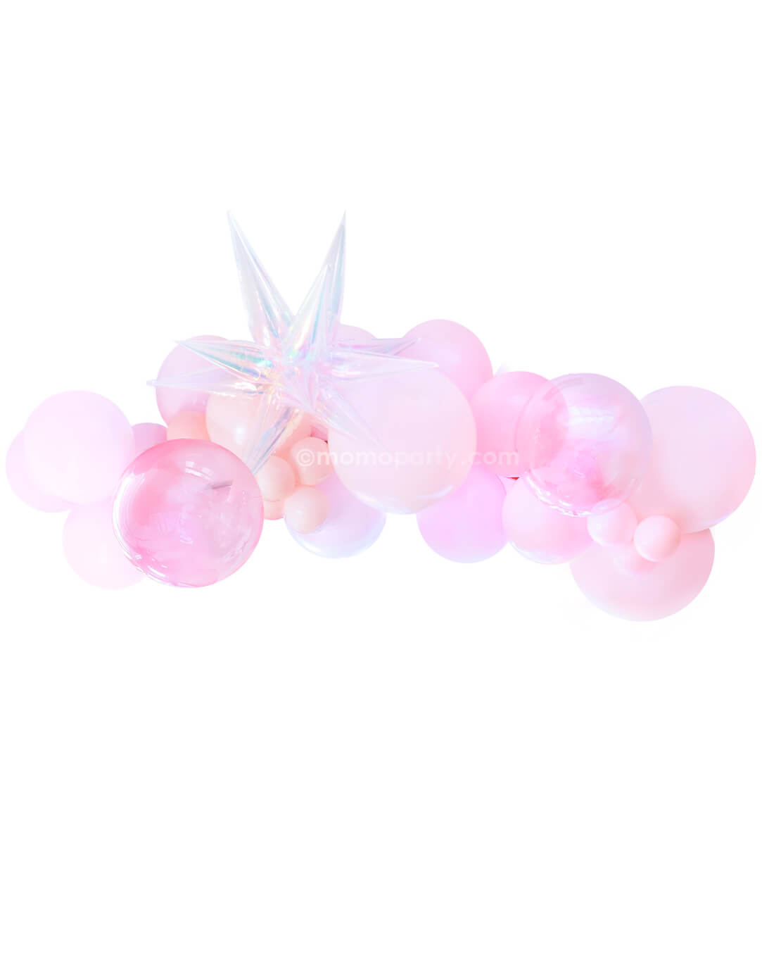 Momopartys Good Witch Balloon Cloud Kit for Wicked themed Party. This balloon Garland assorted 16", 11” & 5” Wicked Glinda inspired good witch themed latex balloons in pink and pastel pink and 26" iridescent starburst foil balloon, two 16" clear pink orbz non-foil balloons.