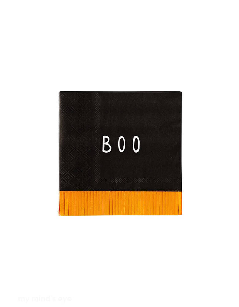 Momo Party's 5" x 5" boo fringe small napkins by My Mind's Eye. These playful napkins feature a festive fringe and a cheeky 'boo' design. Perfect for adding a touch of fun to your Halloween gathering.