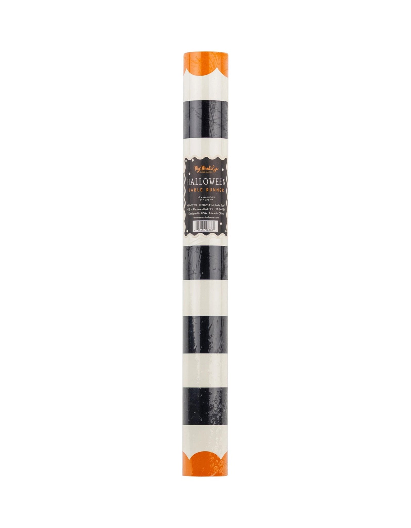 Momo Party's 16" x 120" Orange and Black Striped Paper Table Runner by My Mind's Eye rolled up on a white background. This festive accessory adds instant spooky style to your buffet, dining table, or dessert station. The bold stripes create a fun, playful backdrop for all your Halloween treats and decorations.