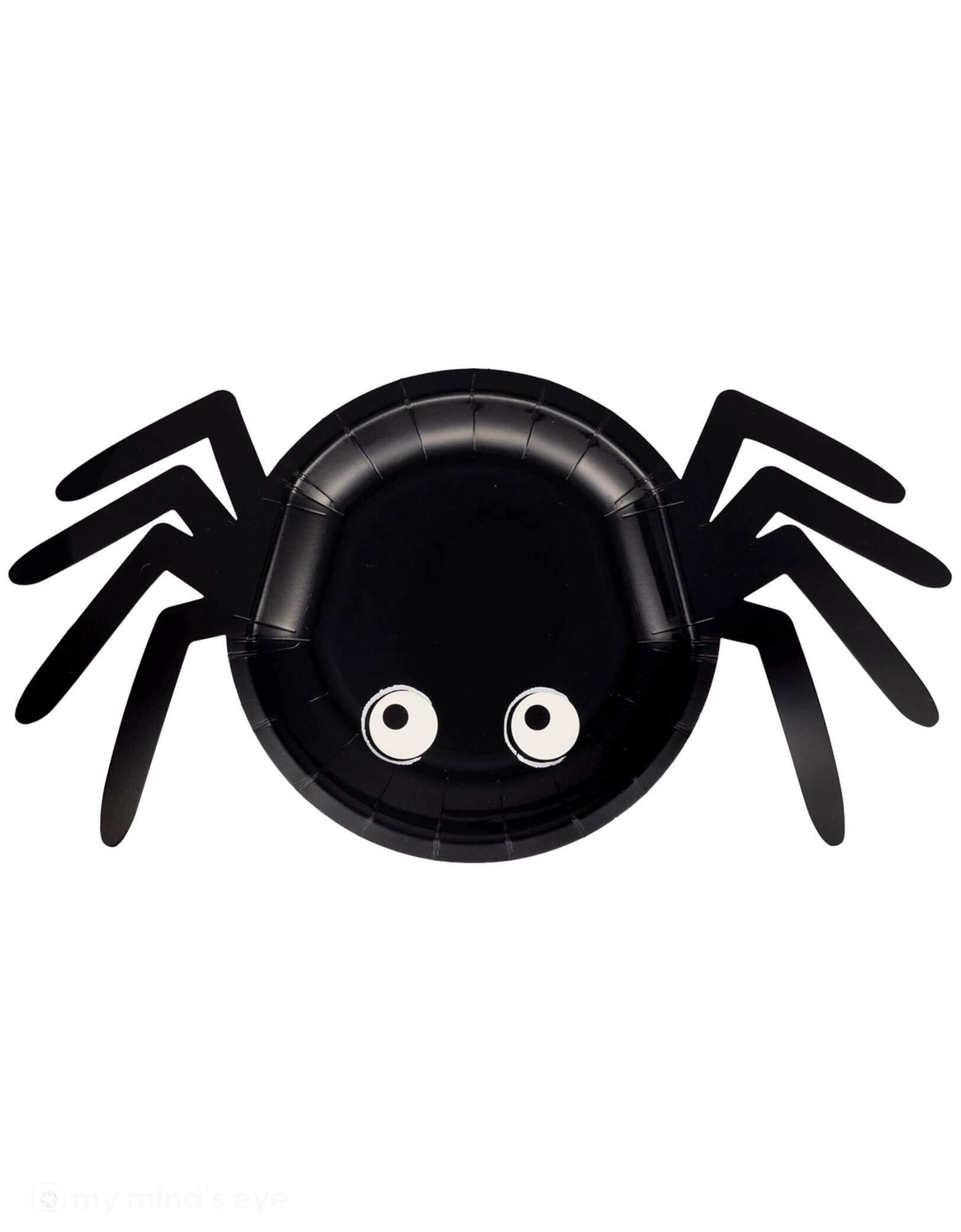 Momo Party's 14" x 7"  Black spider-shaped plate with googly eyes by My Mind's Eye on a white background. Comes in a set of 8 paper plates,  these spooktacular dishes add a playful touch to your Halloween festivities. Perfect for serving spooky snacks, ghoulish goodies, or monster munchies at your next costume party. The fun spider design will have guests squealing with delight as they dig into their favorite treats! 