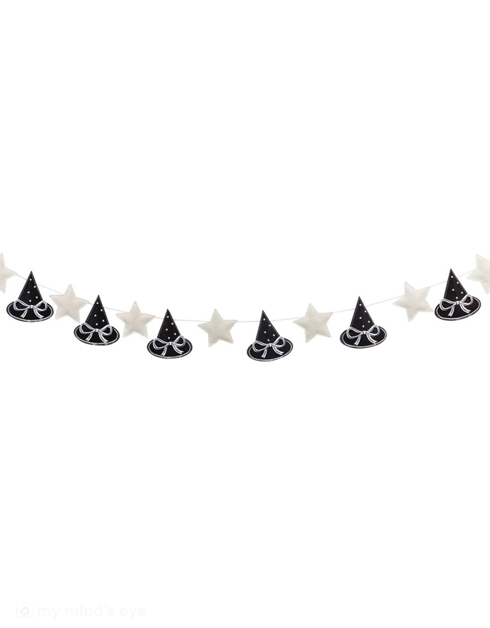 Momo Party's 6ft  Puffy Felt Witch Hats Banner by My Mind's Eye on a white backgorund. These adorable dimensional witch hats add a playful pop to your Halloween décor. Perfect for haunted parties, classroom decorations, or festive home displays. String them up in minutes and watch your space transform into a bewitching bash headquarters!