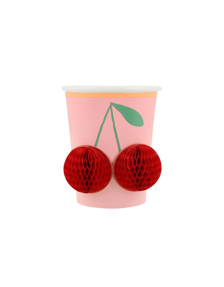 Momo Party's 9oz honeycomb Happy Icons Cups by Meri Meri. Comes in a set of 8 cups in 8 designs/colors - lilac, green, yellow, peach and shades of pink - with complementary colored borders, each cups features a 3D honeycomb designs including cherries, daisies, hearts and stars. These adorable cups are perfect for retro themed happy celebration!