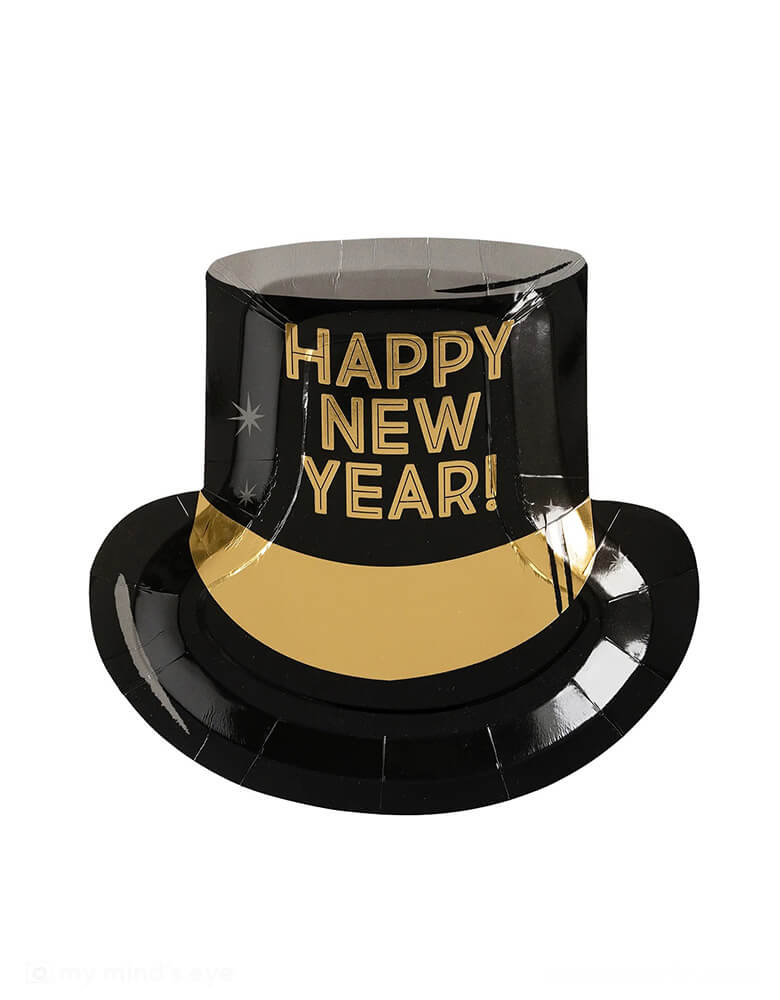 Momo Party's 10" Happy New Year Hat shaped plates by My Mind's Eye. Comes in a set of 8 plates, these gentleman's hat shaped plates in black with "Happy New Year" gold foil message on them are perfect to ring the new year at your NYE countdown party!