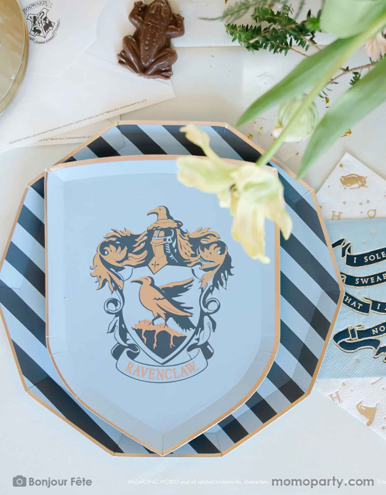 A beautiful and modern Harry Potter themed party tablescape features Momopartys's Harry Potter house pride shield-shaped 7" side plate with Ravenclaw logo and color paired with 10.25 green striped dinner plate. Next to the plates are Harry Potter motif large napkins in gold foil and Slytherin green small napkins. On the table there's a chocolate frog and a letter from Hogwarts and some pretty flower arrangement - making this a great inspo for a modern Harry Potter themed birthday party celebration.