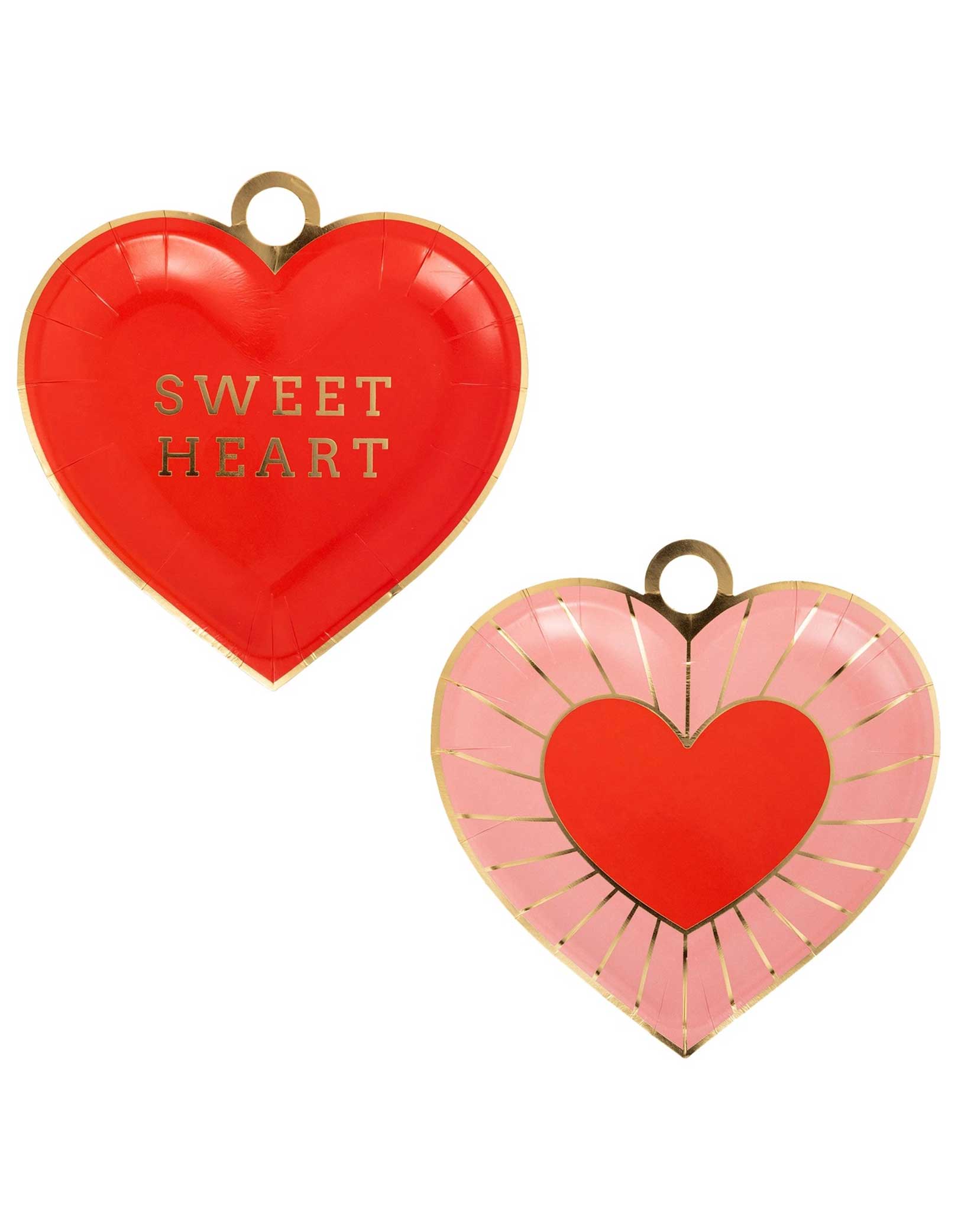 Two of Momopartys's 8" Heart Charm Shaped Plates, one red with 'SWEET HEART' text and the other pink with a red center, by My Mind's Eye, on a white background.