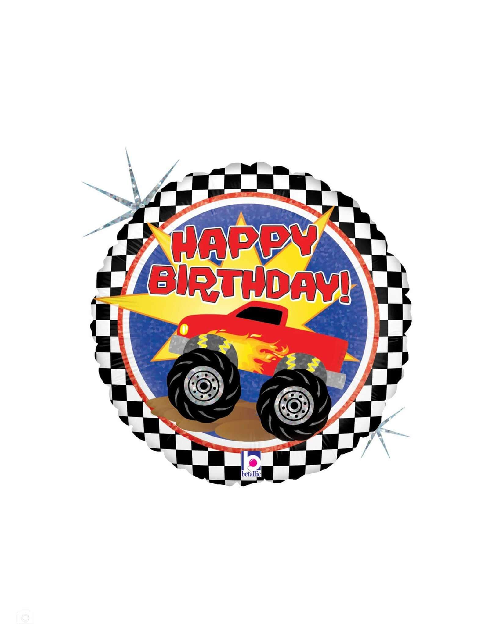 Momo Party's 18" Junior Holographic Monster Truck Happy Birthday Foil Balloon by Betallic Balloons. Perfect for boy's dirty three-ty monster truck themed third birthday party!