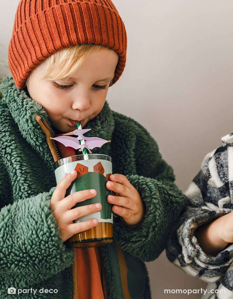 A boy sipping a cup of drink using Momopartys's Pterodactyl striped straw at a dinosaur themed birthday party.