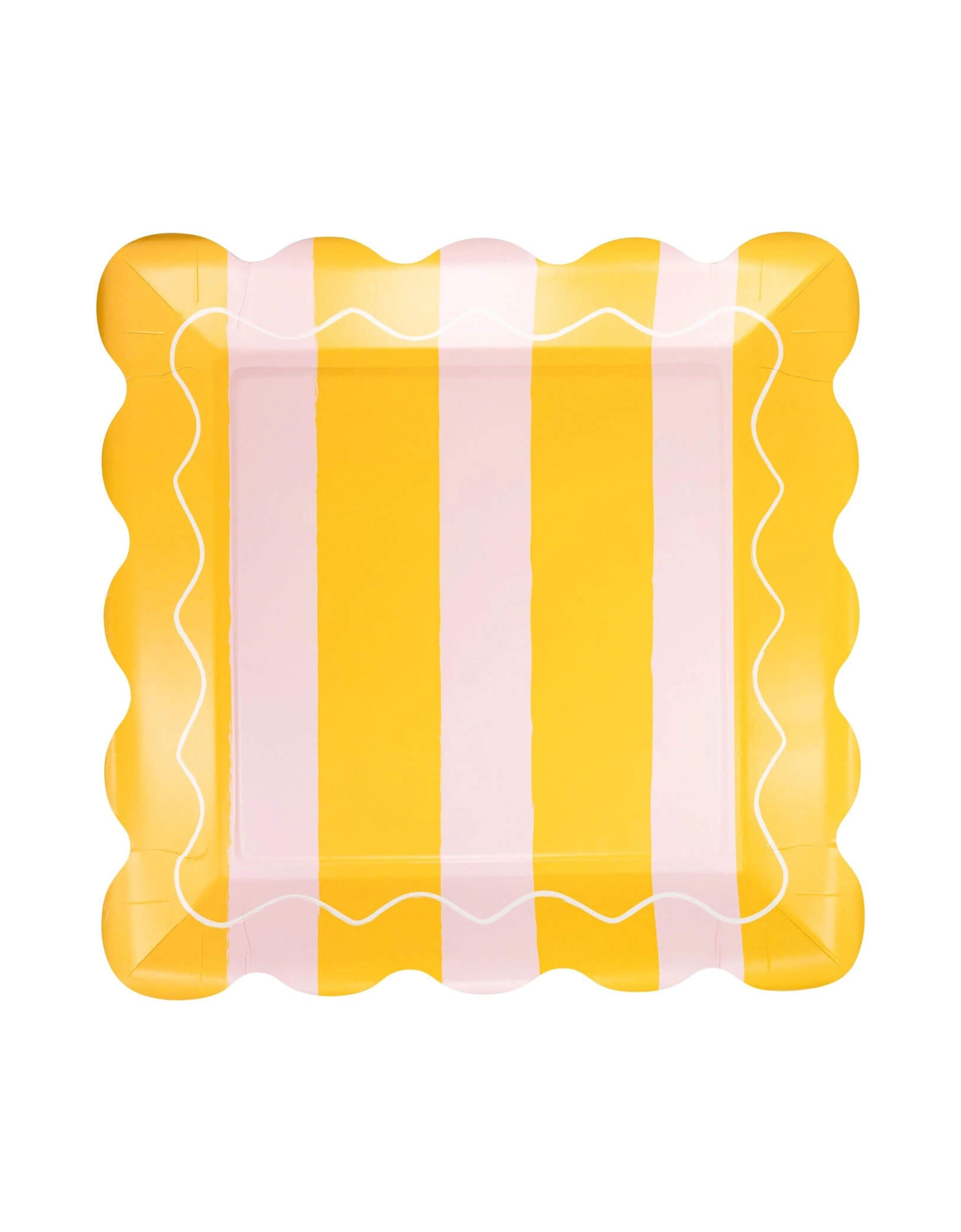 Momo Party's 10" Yellow & Pink Striped Scalloped Square Plate by My Mind's Eye on a white background. 