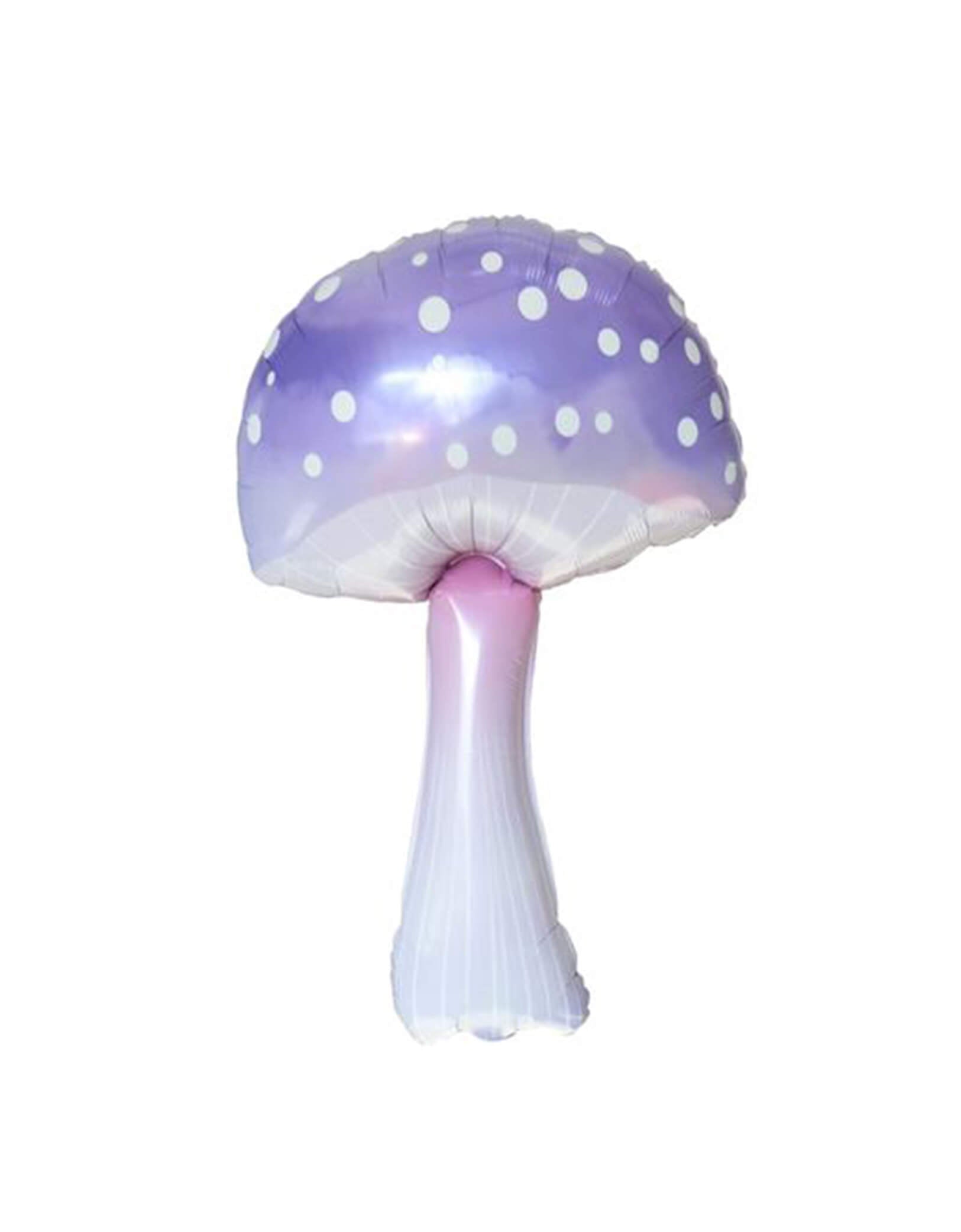 Momo Party's 35" magical purple mushroom shaped foil balloon. Decorate your magical fairy themed party with this whimsical mushroom shaped foil balloon! Transform any space into an enchanted forest with our Magical Purple Mushroom Foil Mylar Balloon with ombre purple shade. Its purple color and charming design add a touch of fantasy to birthday celebrations, baby showers, or any magical gathering.