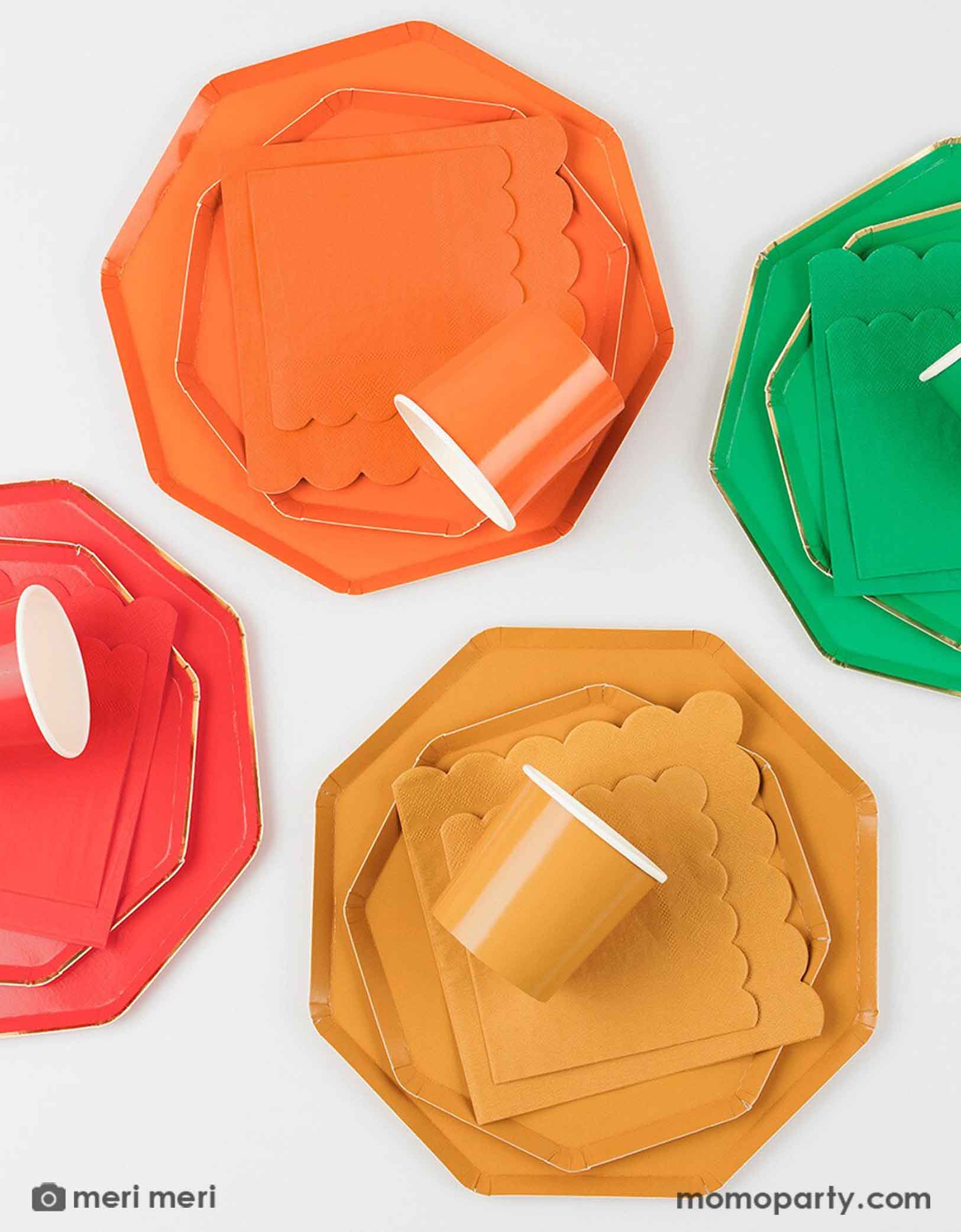 Momo Party's basic tableware collection featuring colorful paper plates, napkins, party cups in orange, red, yellow, and green on a white background. These basic tablewares with elegant design are perfect for mix-and-match at your everyday celebration table! 