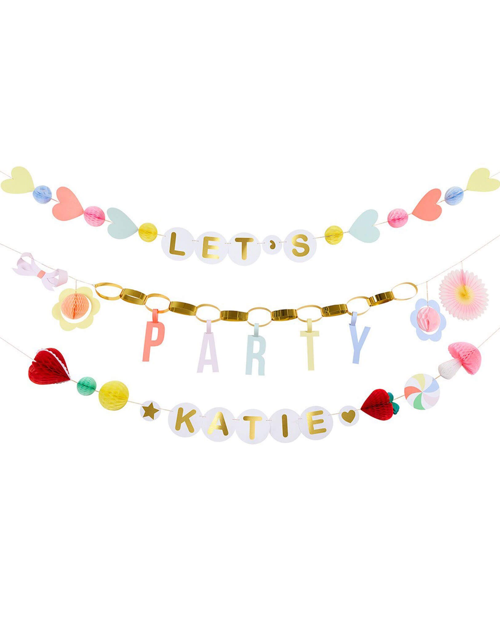 Momo Party's colorful Charm Party Garland Set by Meri Meri with 'Let's Party' message on the banner with decorative elements including heart shaped honeycombs, bows, daisies and a personalizable pennants for kid's name on a white background. This festive banner set is perfect for kid's sleepover parties or a BFF themed birthday celebration.