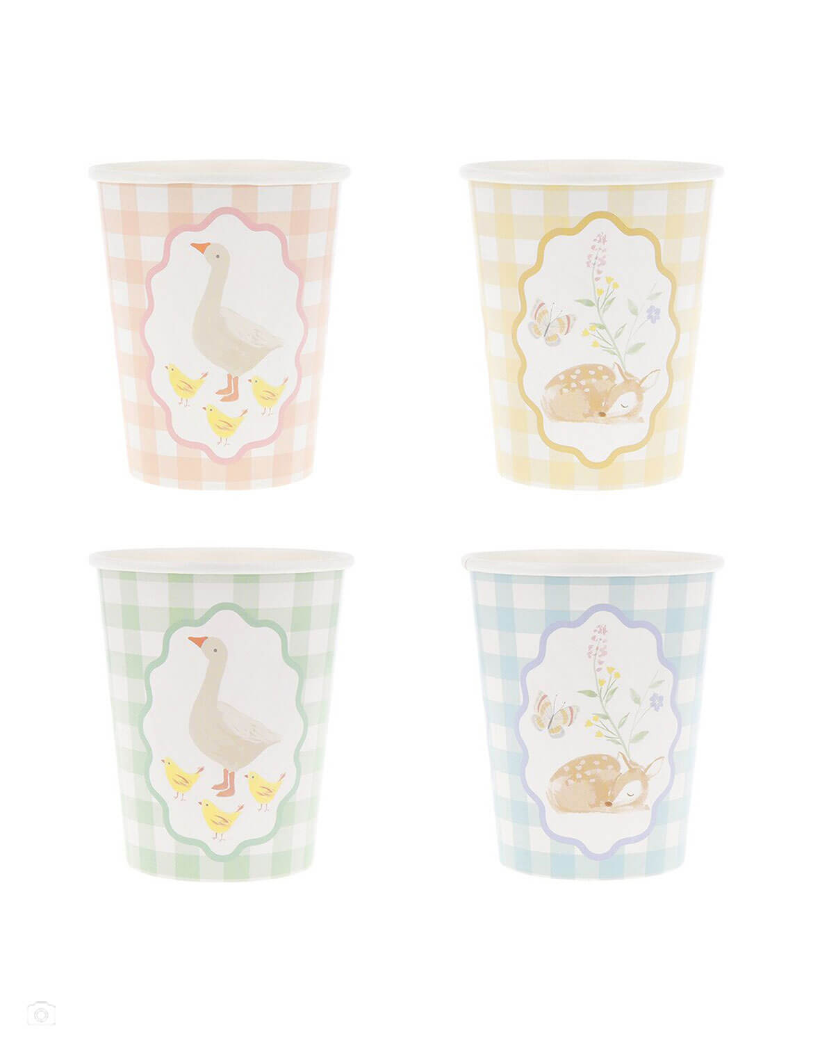 Four Momopartys's 9 oz gingham paper cups with cottage themed rustic little animal illustrations in soft pastel colors on a white background.