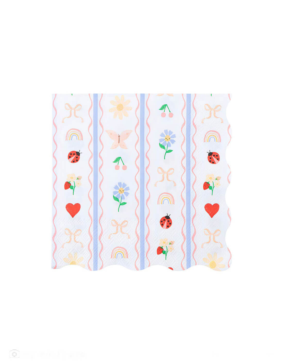 Momo Party's 6.5" vintage cottage inspired little garden large napkin with floral, heart, lady bugs, bows and rainbow patterns on a white background.