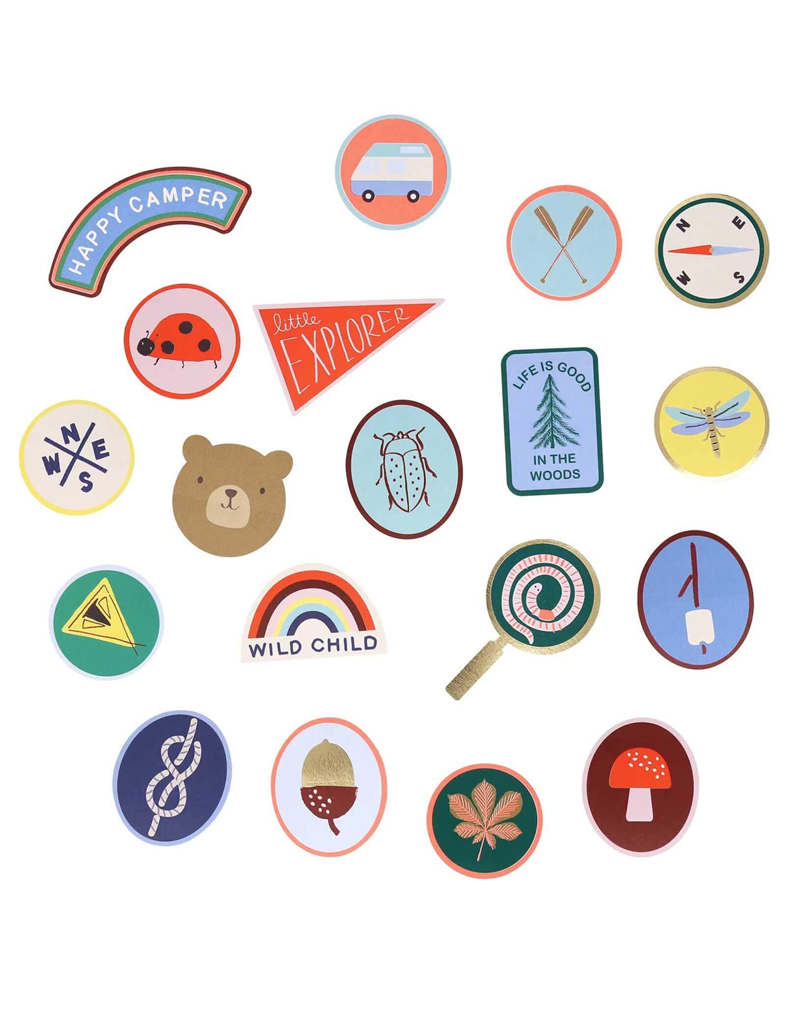 Momo Party's Outdoor Adventures Shaped Stickers by Meri Meri. Comes in a set of 25 stickers with 20 designs that are inspired by camping activities including compass, camping van, acorn, paddles, bear, natural park patches and more,  these special camping themed shaped stickers, with fun retro summer-camp inspired icons are perfect for kid's craft activities, or pop into party bags for hours of imaginative play!