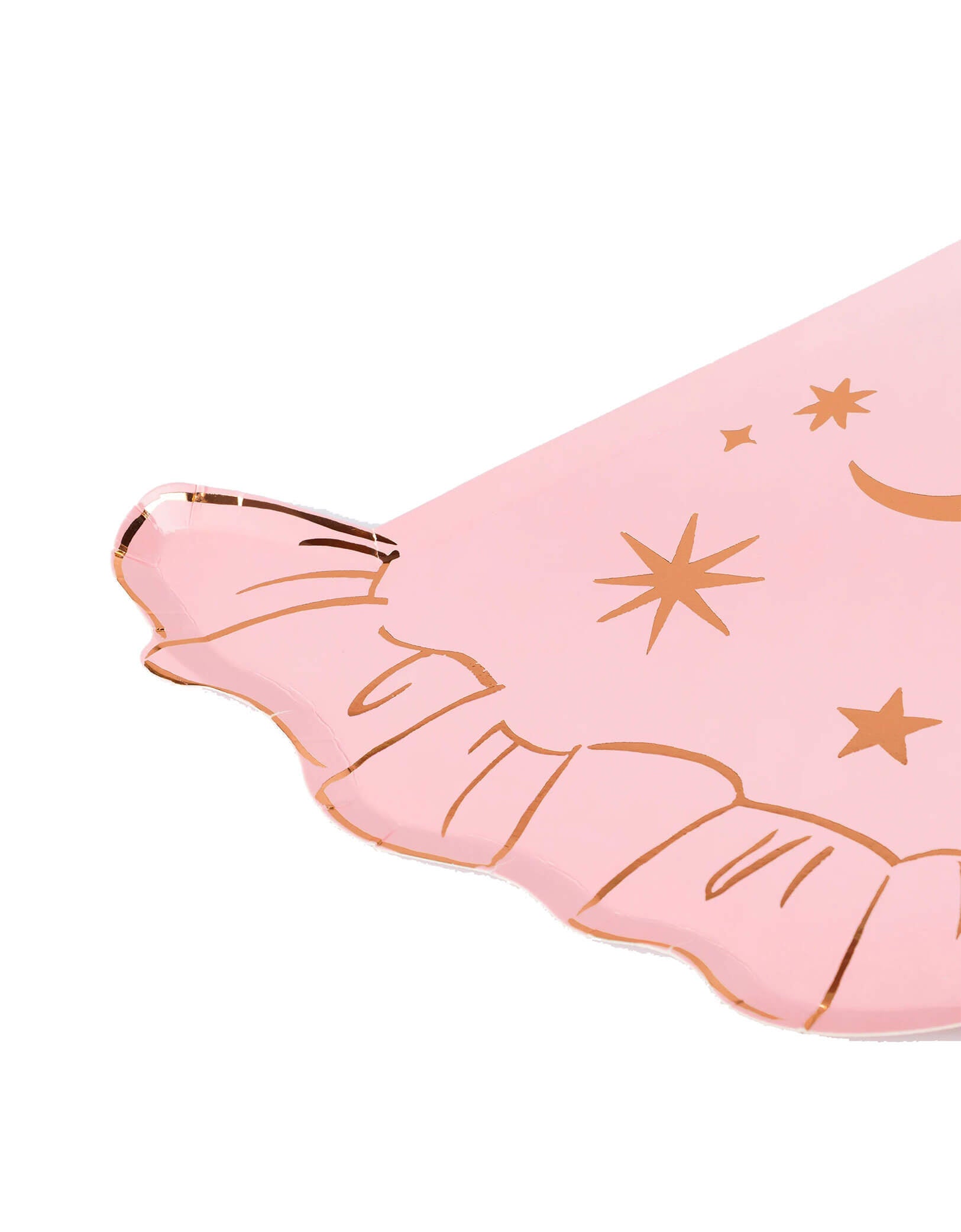 A close up shot of Momopartys's pink witch hat shaped plate with rose gold stars and moon design by Meri Meri on a white background. Made from pink paper, with shiny rose gold foil details, they'll put elegance into the eerie season. Perfect for table layering, and mixing and matching with your other Halloween party supplies.