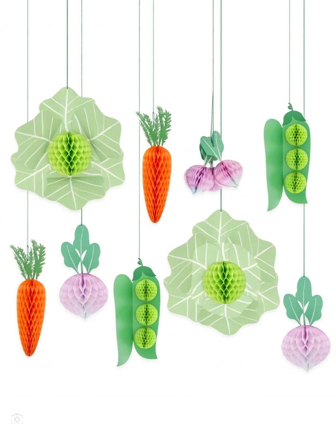 A set of Momopartys's decorative paper hanging honeycomb vegetable decorations by Meri Meri including carrots, peas, and lettuces, beets, and green peas on a white background.