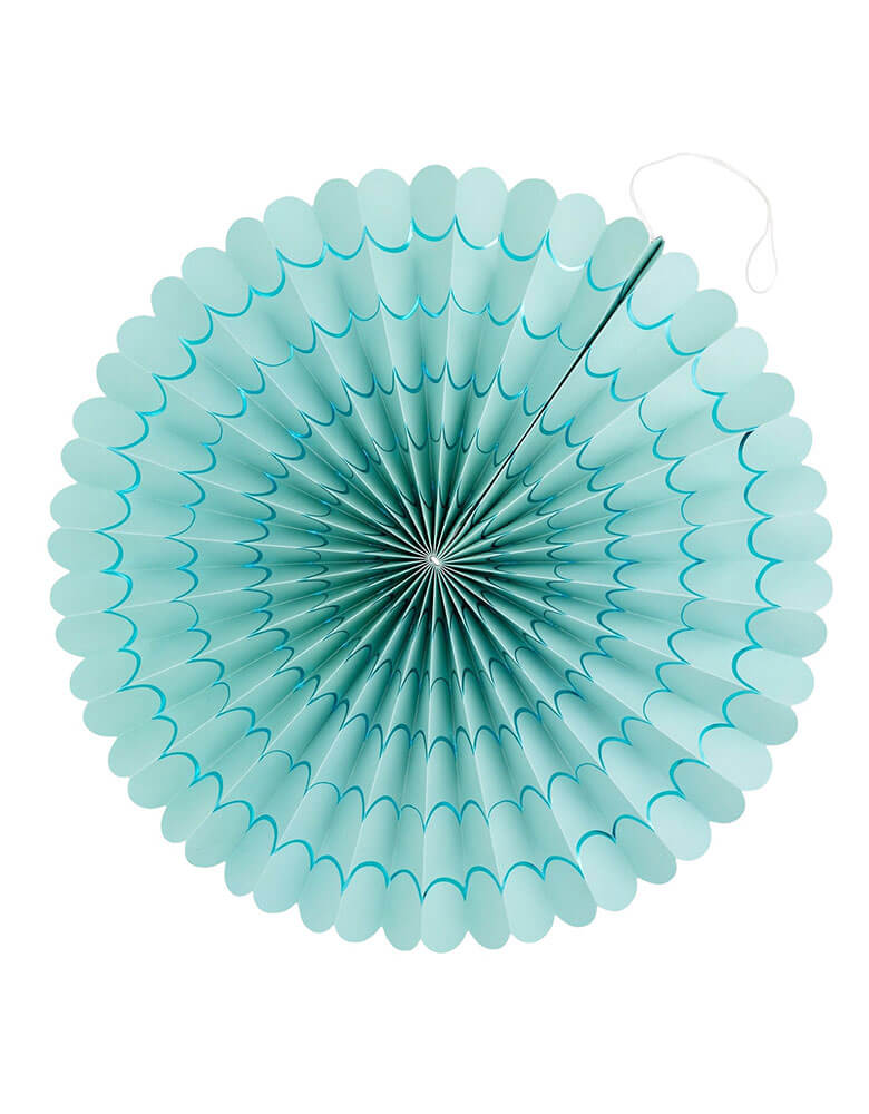 A close up shot of the aqua wave paper fan from Momopartys's Under the Sea Fan Set by My Mind's Eye. Comes in a set of 6 paper fans 6 fans of size 14", 8.5", 8", 7", and 5.5" in pastel colors of aqua, pink, lilac, teal, cream and peach, this mermaid-inspired fan set will add an enchanting touch to any under the sea themed celebration. Bring the ocean to your event and create a memorable atmosphere.