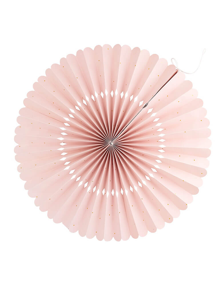A close up shot of the light pink colored paper fan from Momopartys's Under the Sea Fan Set by My Mind's Eye. Comes in a set of 6 paper fans 6 fans of size 14", 8.5", 8", 7", and 5.5" in pastel colors of aqua, pink, lilac, teal, cream and peach, this mermaid-inspired fan set will add an enchanting touch to any under the sea themed celebration. Bring the ocean to your event and create a memorable atmosphere.
