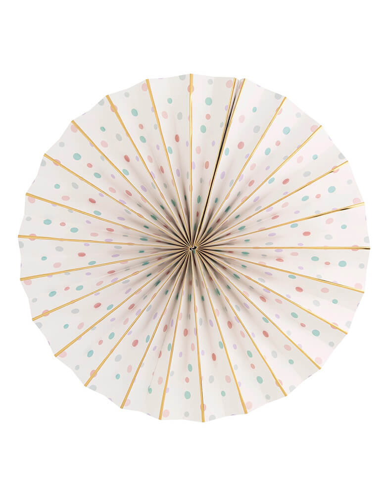 A close up shot of the cream polka dot paper fan from Momopartys's Under the Sea Fan Set by My Mind's Eye. Comes in a set of 6 paper fans 6 fans of size 14", 8.5", 8", 7", and 5.5" in pastel colors of aqua, pink, lilac, teal, cream and peach, this mermaid-inspired fan set will add an enchanting touch to any under the sea themed celebration. Bring the ocean to your event and create a memorable atmosphere.