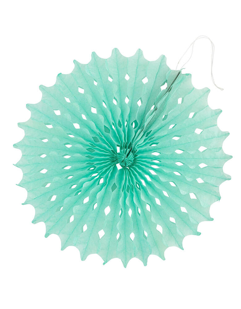 A close up shot of the teal colored paper fan from Momopartys's Under the Sea Fan Set by My Mind's Eye. Comes in a set of 6 paper fans 6 fans of size 14", 8.5", 8", 7", and 5.5" in pastel colors of aqua, pink, lilac, teal, cream and peach, this mermaid-inspired fan set will add an enchanting touch to any under the sea themed celebration. Bring the ocean to your event and create a memorable atmosphere.