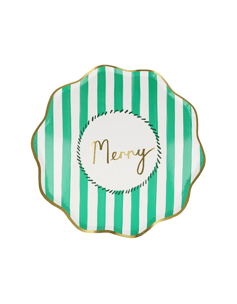 Momo Party's 8.5 x 8.5 inches Christmas striped side plates by Meri Meri. Come in a set of 8 in 4 different colors of red, pink, mint, and green with Jingle, Fa La LA, Merry, and Jolly words on them, these vintage inspired designs with gold foil details, with fun messages, will instantly add style to your celebrations over the holidays.