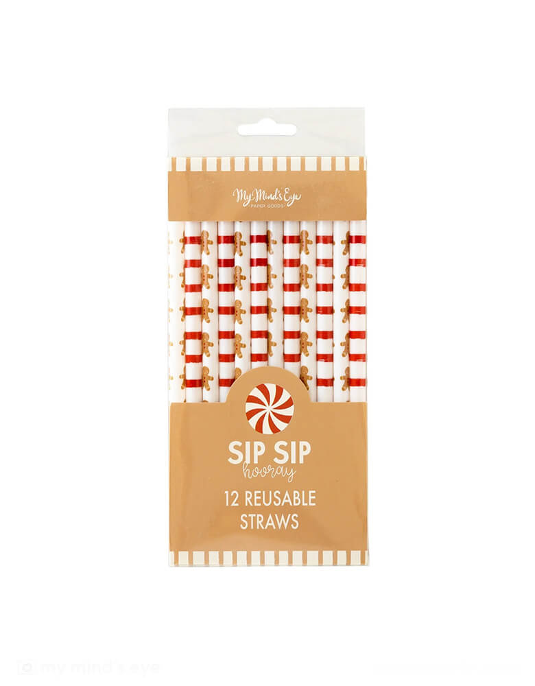 Momo Party's Gingerbread Man reusable Straws by My Mind's Eye. Comes a set of 12 straws, featuring both a gingerbread man pattern and a festive red stripe pattern, this pack of straws includes 12 straws that brighten any holiday beverage and will add special touch to Santa's glass of milk on Christmas eve.