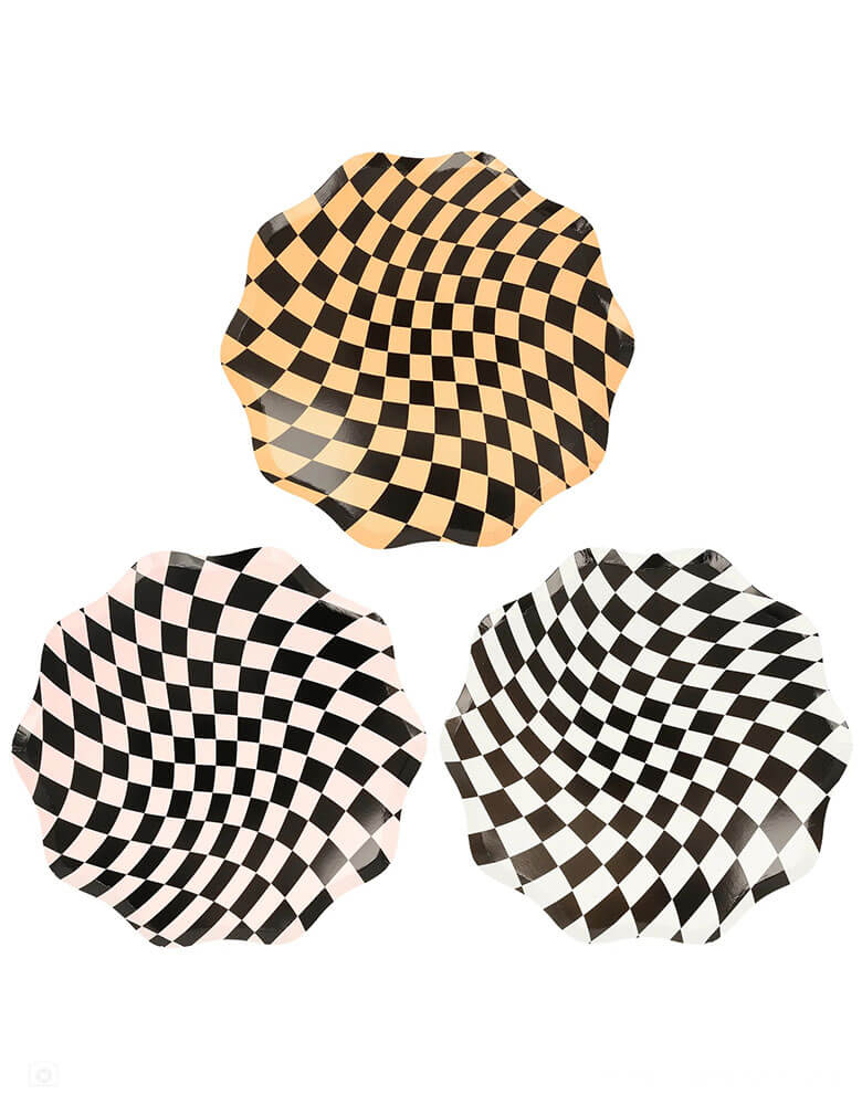Momo Party's 10.5" Halloween Checkered Dinner Plates by Meri Meri. Comes in a set of 8 plates in three colors - the combination of orange, white and pink, with a swirling checkered pattern, gives a fabulous 60s psychedelic vibe. They're perfect for parties for all ages, and can be mixed and matched with your other Halloween tableware. 