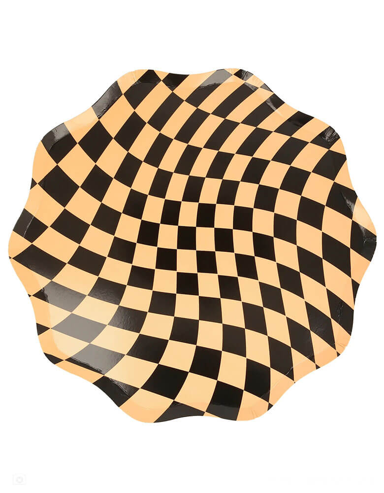 Momo Party's 10.5" Halloween Checkered Dinner Plates by Meri Meri. Comes in a set of 8 plates in three colors - the combination of orange, white and pink, with a swirling checkered pattern, gives a fabulous 60s psychedelic vibe. They're perfect for parties for all ages, and can be mixed and matched with your other Halloween tableware.