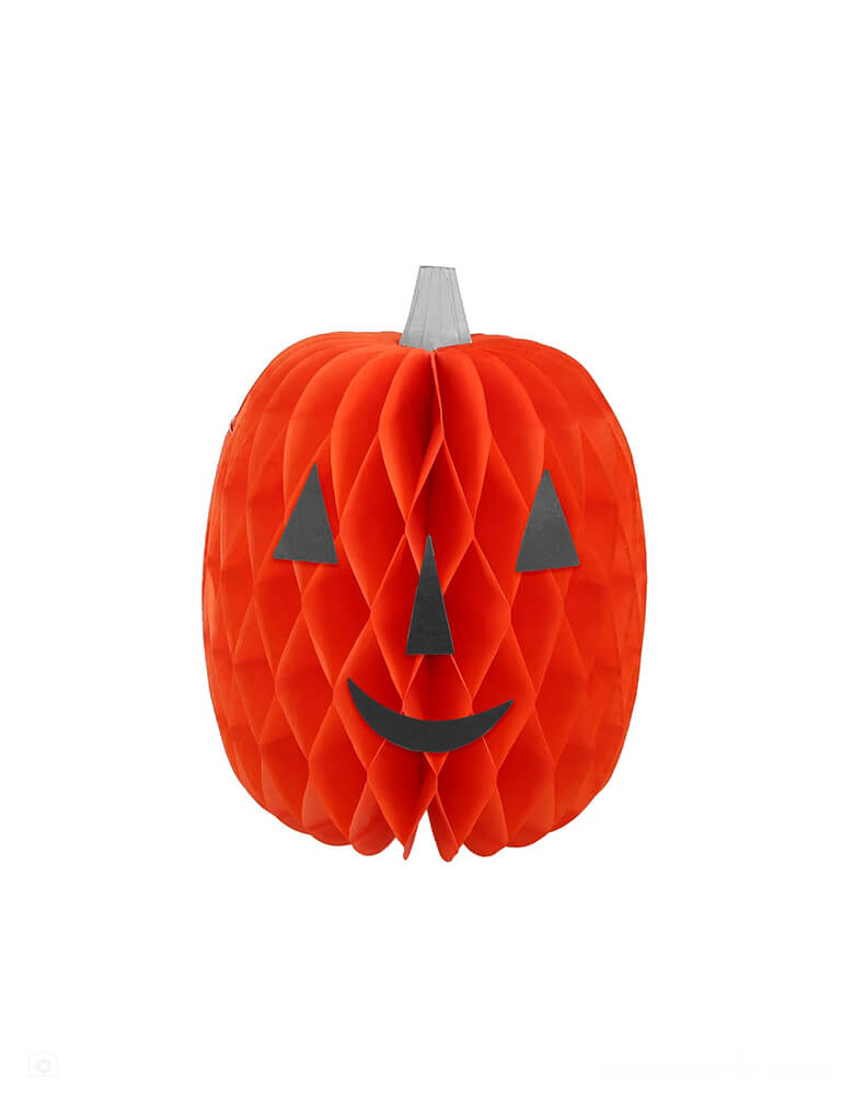 Momo Party's Halloween Character Honeycomb Decorations by Meri Meri. These large 3D honeycomb characters including a ghost, a witch, a black cat, three spiders and four pumpkins with faces, will add spectacular scary decorative fun to your Halloween party table, mantel or porch. They are crafted from tissue paper honeycomb, with silver paperclips included to hold the honeycomb open. Use them year after year to thrill and chill!