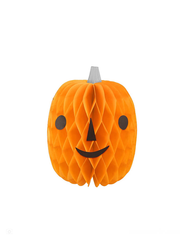 Momo Party's Halloween Character Honeycomb Decorations by Meri Meri. These large 3D honeycomb characters including a ghost, a witch, a black cat, three spiders and four pumpkins with faces, will add spectacular scary decorative fun to your Halloween party table, mantel or porch. They are crafted from tissue paper honeycomb, with silver paperclips included to hold the honeycomb open. Use them year after year to thrill and chill!