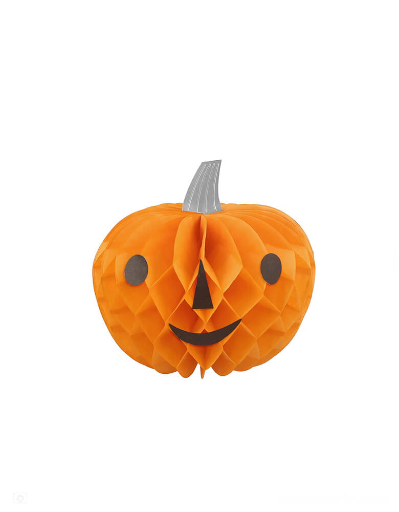 Momo Party's Halloween Character Honeycomb Decorations by Meri Meri. These large 3D honeycomb characters including a ghost, a witch, a black cat, three spiders and four pumpkins with faces, will add spectacular scary decorative fun to your Halloween party table, mantel or porch. They are crafted from tissue paper honeycomb, with silver paperclips included to hold the honeycomb open. Use them year after year to thrill and chill!