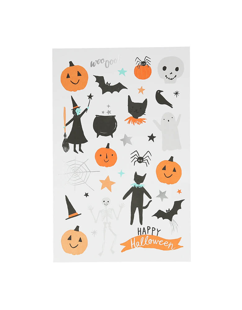 Momopartys Happy Halloween Temporary Tattoo Sheets by Meri Meri. Featuring pumpkins, witches, witch's brew, bats, spiders, skeletons, skulls, and ghosts, these temporary tattoos are ideal for a Halloween activity, to pop into party bags, or for rainy day or sleep-over fun.