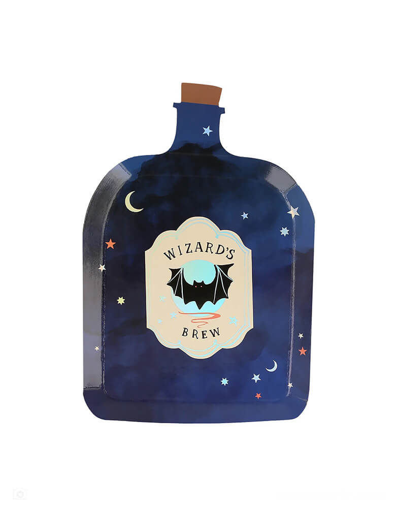 Momo Party's 6.25 x 9.25 inches potion bottle shaped plates by Meri Meri. Comes in a set of 8 plates in four different colors and designs including wizards brew, dragon's breath, owl tears and beetle juice, these plates are perfect for wizard and witch parties, Halloween parties, or whenever you want to add an extraordinary effect to any celebration.