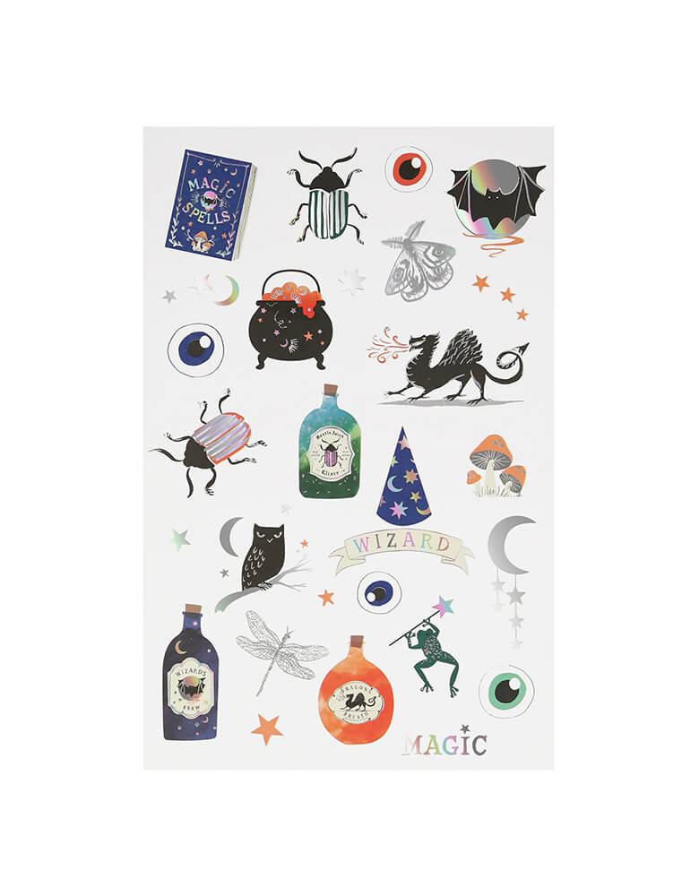Momopartys Making Magic Temporary Tattoos Sheets by Meri Meri. Featuring bugs, witch's brew, potion bottles, crystal balls, book of spell, these temporary tattoos are ideal for a Halloween activity or magic party, to pop into party bags, or for rainy day or sleep-over fun.