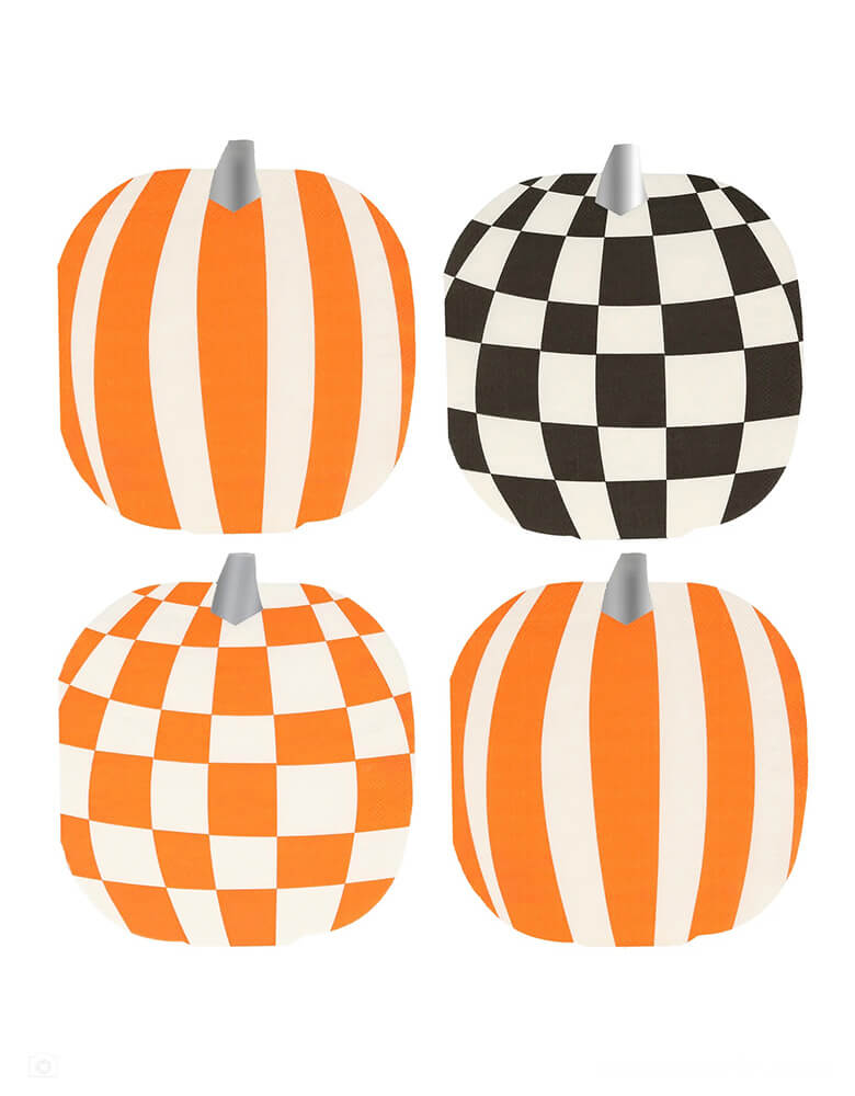 Momopartys 6" x 6.5" Mod Pattern Pumpkin Napkins by Meri-Meri. Comes in a set of 16 napkins in 4 different patterns and Halloween colors of orange, black and white with striking retro designs for a statement look. These pumpkin napkins are guaranteed to make your party table look totally groovy!