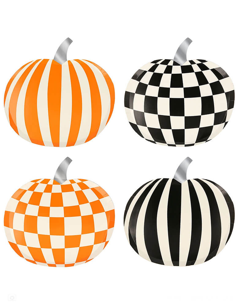 Momopartys 8.5" x 8.75" Mod Pattern Pumpkin Shaped Plates by Meri-Meri. Comes in a set of 8 plates in 4 different patterns and Halloween colors of orange, black and white with striking retro designs for a statement look. These pumpkin plates in checkers and stripes patterns are guaranteed to make your party table look totally groovy!