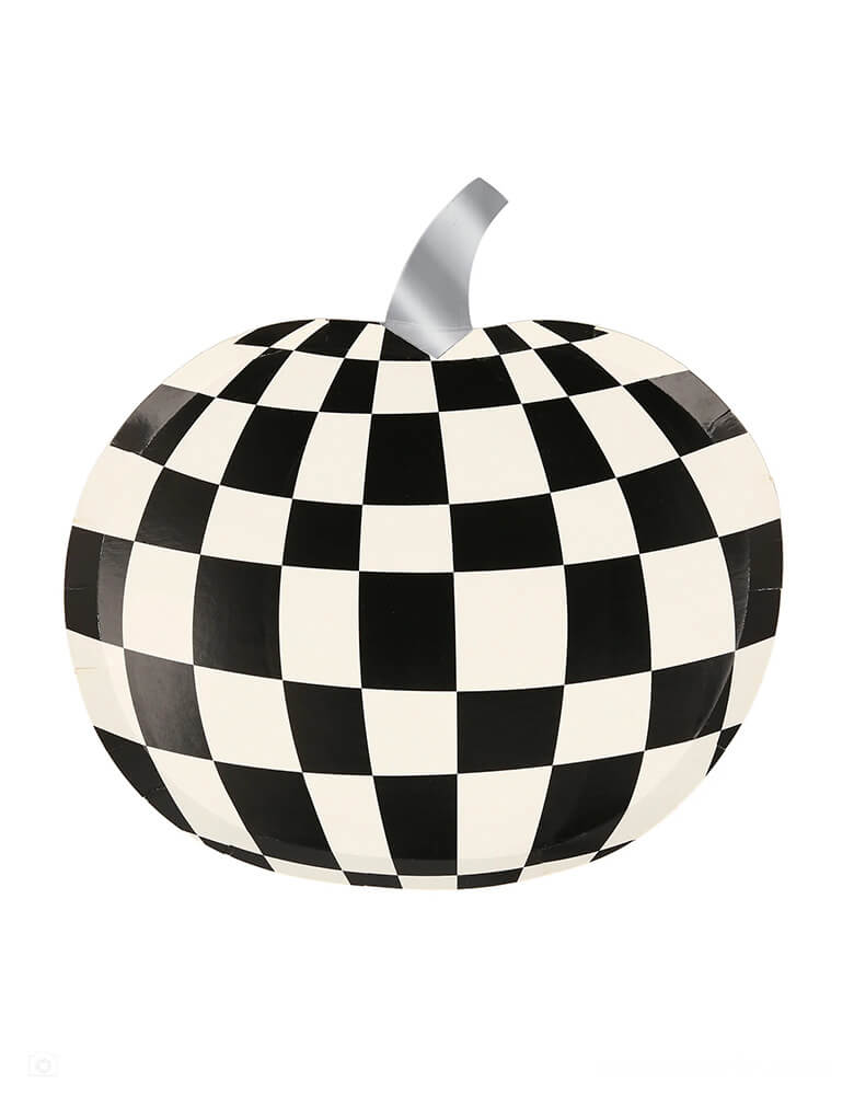 Momopartys 8.5" x 8.75" Mod Pattern Pumpkin Shaped Plates by Meri-Meri. Comes in a set of 8 plates in 4 different patterns and Halloween colors of orange, black and white with striking retro designs for a statement look. These pumpkin plates in checkers and stripes patterns are guaranteed to make your party table look totally groovy!