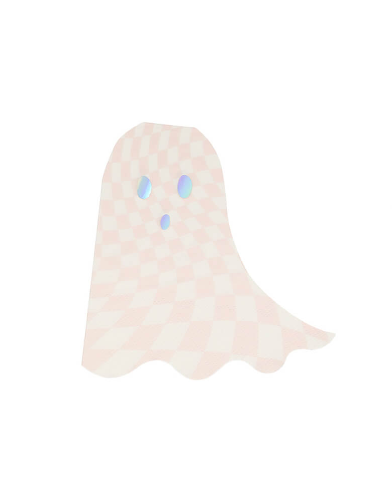 Meri Meri  pink checkered ghost shaped Napkins, sold by Momopartys. Comes in a set of 16, these pink ghost shaped Napkins with checkered pattern are chic and stylish, Shiny silver holographic foil details. perfect for a pink Halloween themed party, Groovy Halloween Party