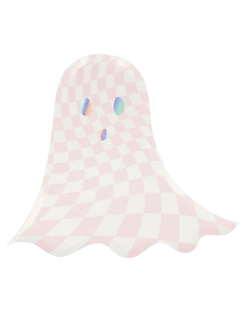 Meri Meri 10.125 x 9.25 inches pink checkered ghost shaped plates, sold by Momopartys. Comes in a set of 8 plates, these pink ghost shaped plates with checkered pattern are chic and stylish, perfect for a pink Halloween themed party.