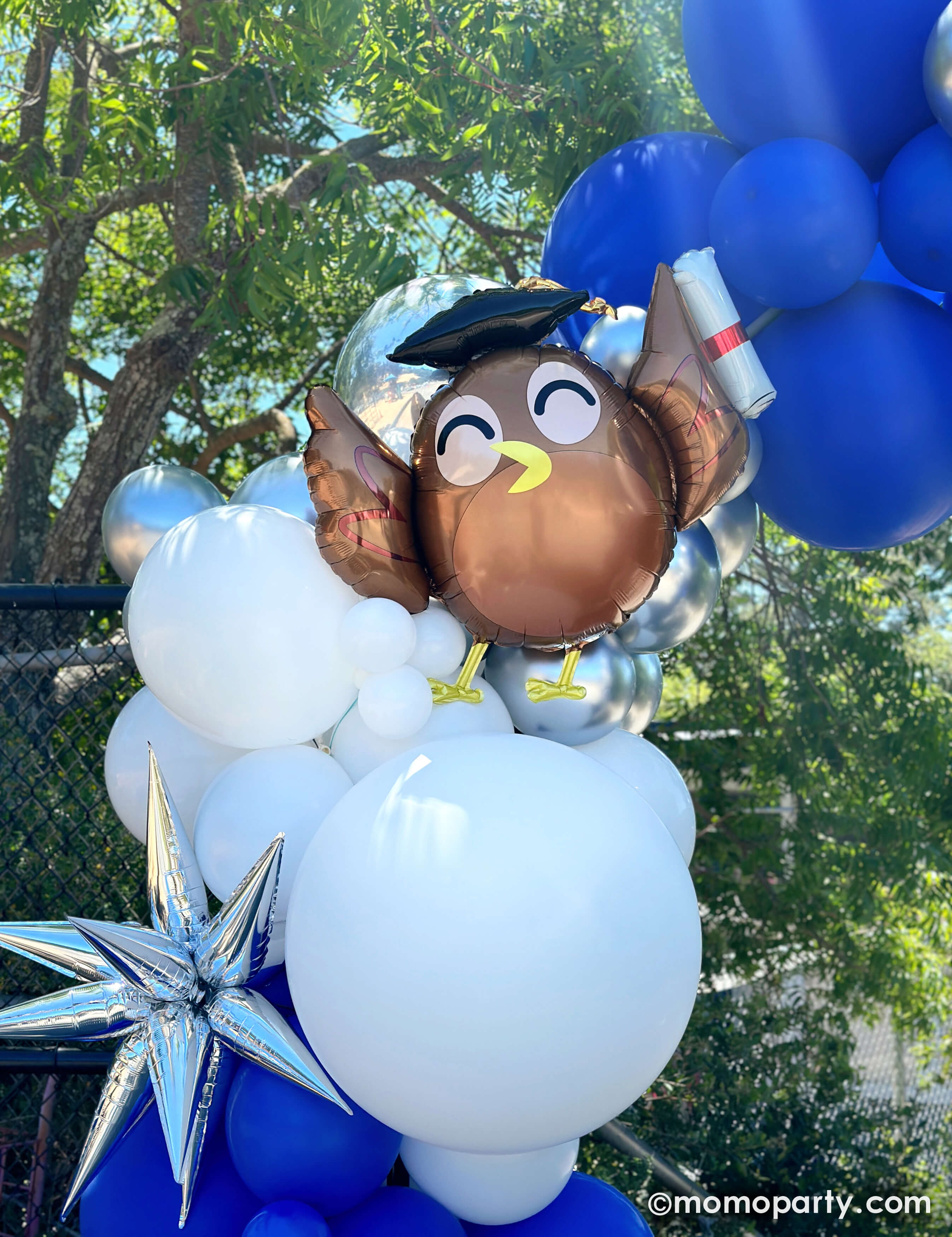 Elementary School Graduation Party by Momopartys. Featuring a stunning balloon arch in school colors of blue, white, and silver, accented with a Graduate Owl Shaped Foil Balloons and 12 Point Silver Starburst Foil Balloon. This arch is a big hit, serving as a graduation gate for students to pass through and a photo backdrop to capture last day of school memories