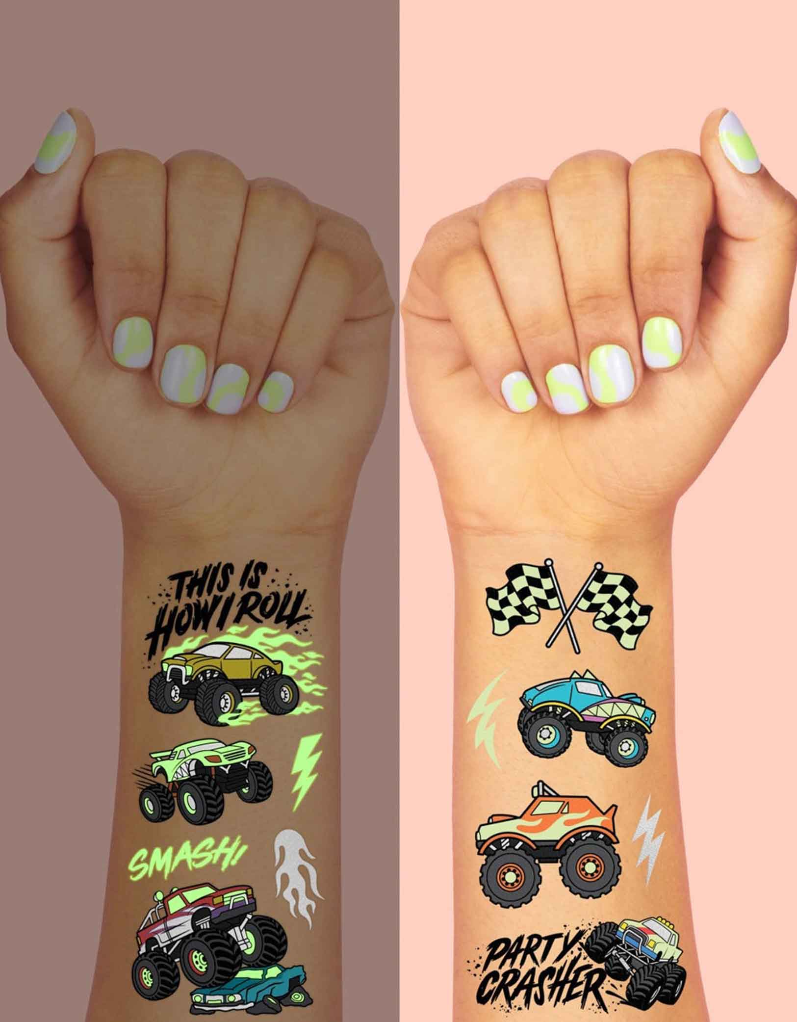 Two arms decorated with Momopartys's 8.25" x 6" Monster Truck Glow in the Dark Kids Temporary Tattoos by xo, fetti. Comes in a set of 50 tattoos, these awesome glow-in-the-dark Monster Truck temporary tattoos are guaranteed to be a wheel good time at your kid's Monster Truck birthday party! 50 designs means nobody gets left behind - invite all of your bffs to crash this party because these tats are sure to be fire!