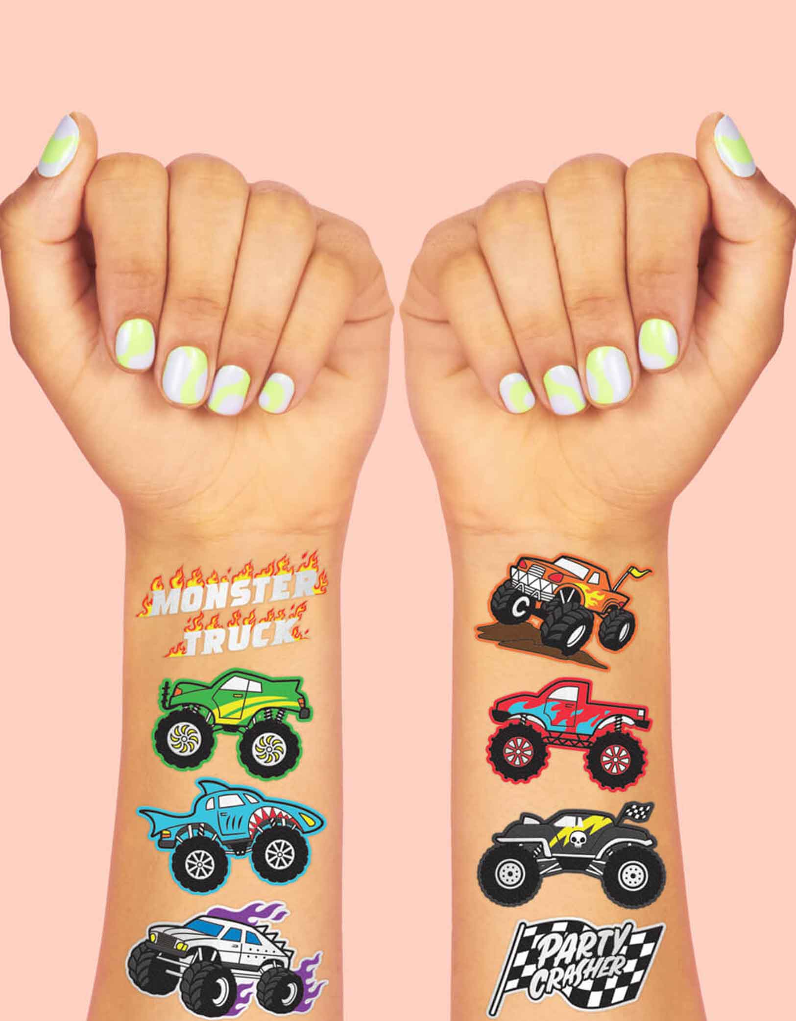 Two arms decorated with Momopartys's Monster Truck Kids Temporary Tattoos by Xo, Fetti. Comes in a set of 42 silver foiled colorful tattoos, these temporary tattoos are perfect for your kid's monster truck themed birthday party.  Rev your engines, shift your gears, these Monster Truck temporary tattoos are guaranteed to be a wheel good time! 42 designs including various monster trucks, race car flags, and fire flames!