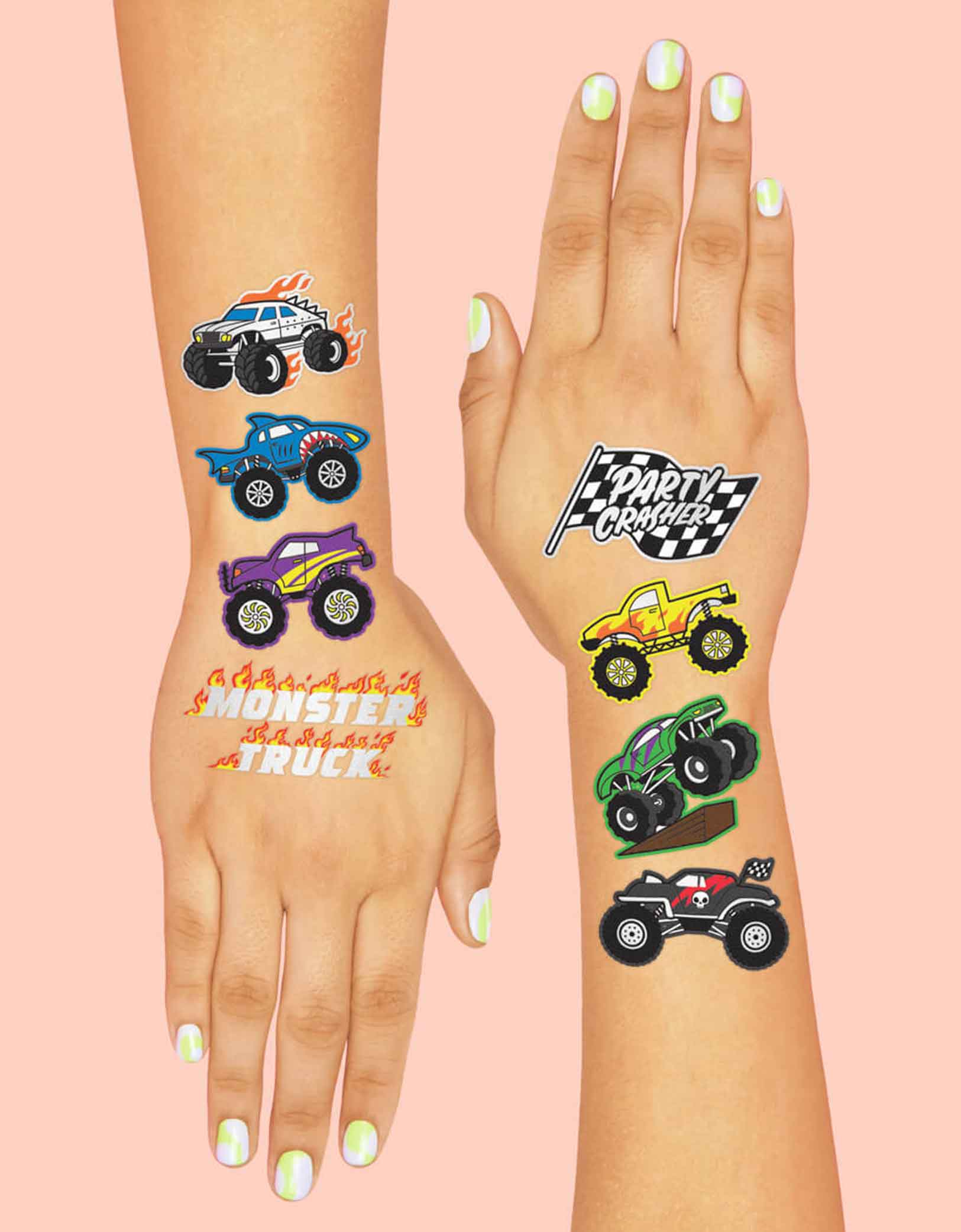 Two hands decorated with Momopartys's Monster Truck Kids Temporary Tattoos by Xo, Fetti. Comes in a set of 42 silver foiled colorful tattoos, these temporary tattoos are perfect for your kid's monster truck themed birthday party.  Rev your engines, shift your gears, these Monster Truck temporary tattoos are guaranteed to be a wheel good time! 42 designs including various monster trucks, race car flags, and fire flames!