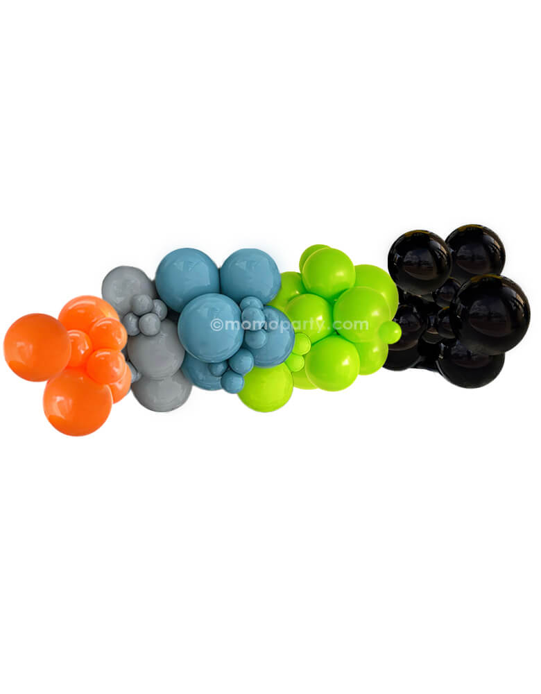 Momo Party's Monster Truck Balloon Cloud Kit, featuring Assorted 17”, 11” & 5” race car-themed latex balloons in Slate, grey,  orange and lime and black color, these high quality latex balloons are  made in USA, prefect for a kids Monster Truck themed party, Cars themed party, or any modern party and celebrations